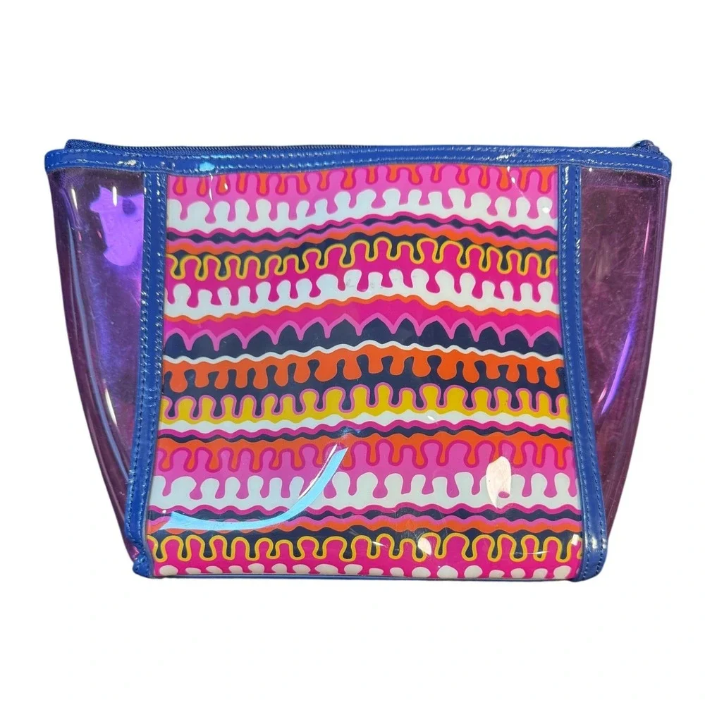 Vera Bradley Cosmetic Bag Pink Orange Blue Wavy Print Clear PVC Travel Pouch